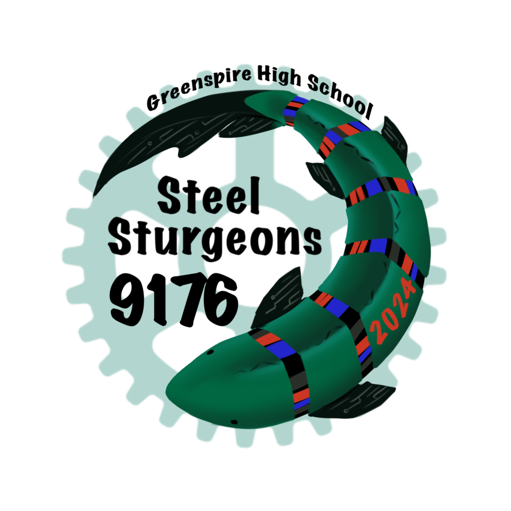 a robotic sturgeon wrapped around the words "Steel Sturgeons 9176"